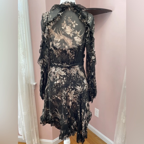 Zimmermann 100% Silk A-Line Black Printed Long Sleeve Ruffle Wrap Dress - Picture 6 of 10